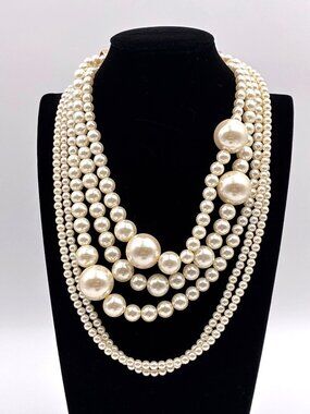 Layered Faux Pearl Statement Necklace Adjustable Gold Tone Clasp Multi Strand